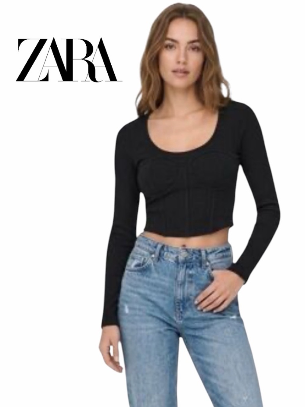 ZARA‎ Black Ribbed Long-Sleeve Scoop Neck Cropped Top - Size M